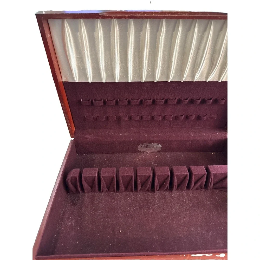 VTG Nobility Plate Wooden Silverware Chest Purple Felt Lined Box 16.5x11